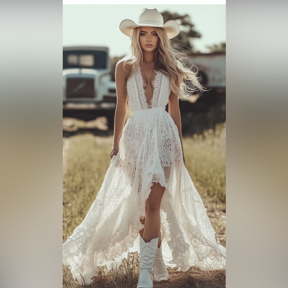 🆕White Lace High-Low Maxi Dress | Boho Western Bridal Festival Gown